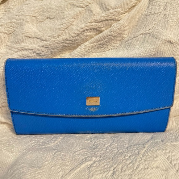 Salvatore Ferragamo Blue Crosshatch Leather Clutch Wallet Card Organizer Italy - Picture 2 of 8